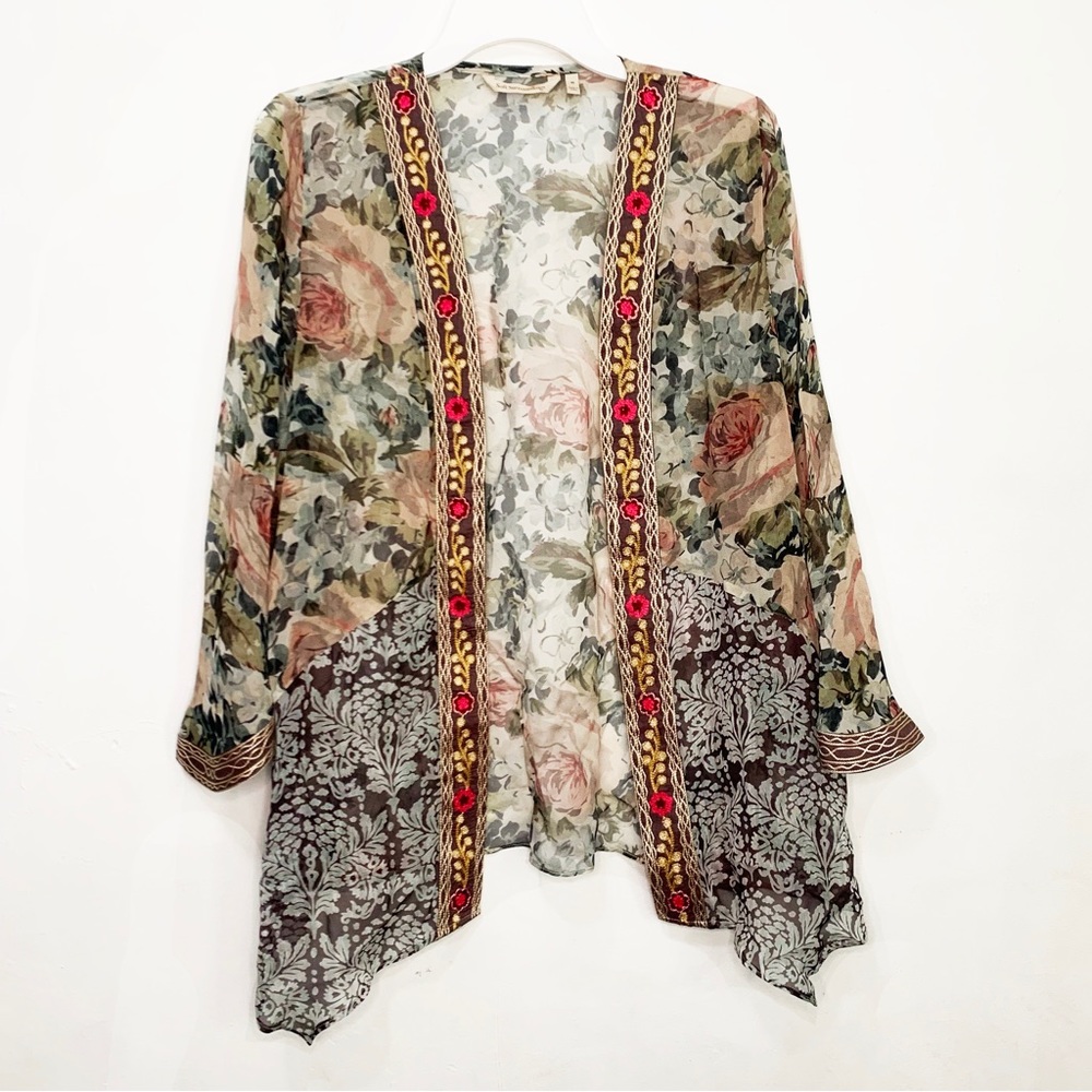 Soft Surroundings Sheer Floral Embroidered Mixed Media Duster Kimono, size M